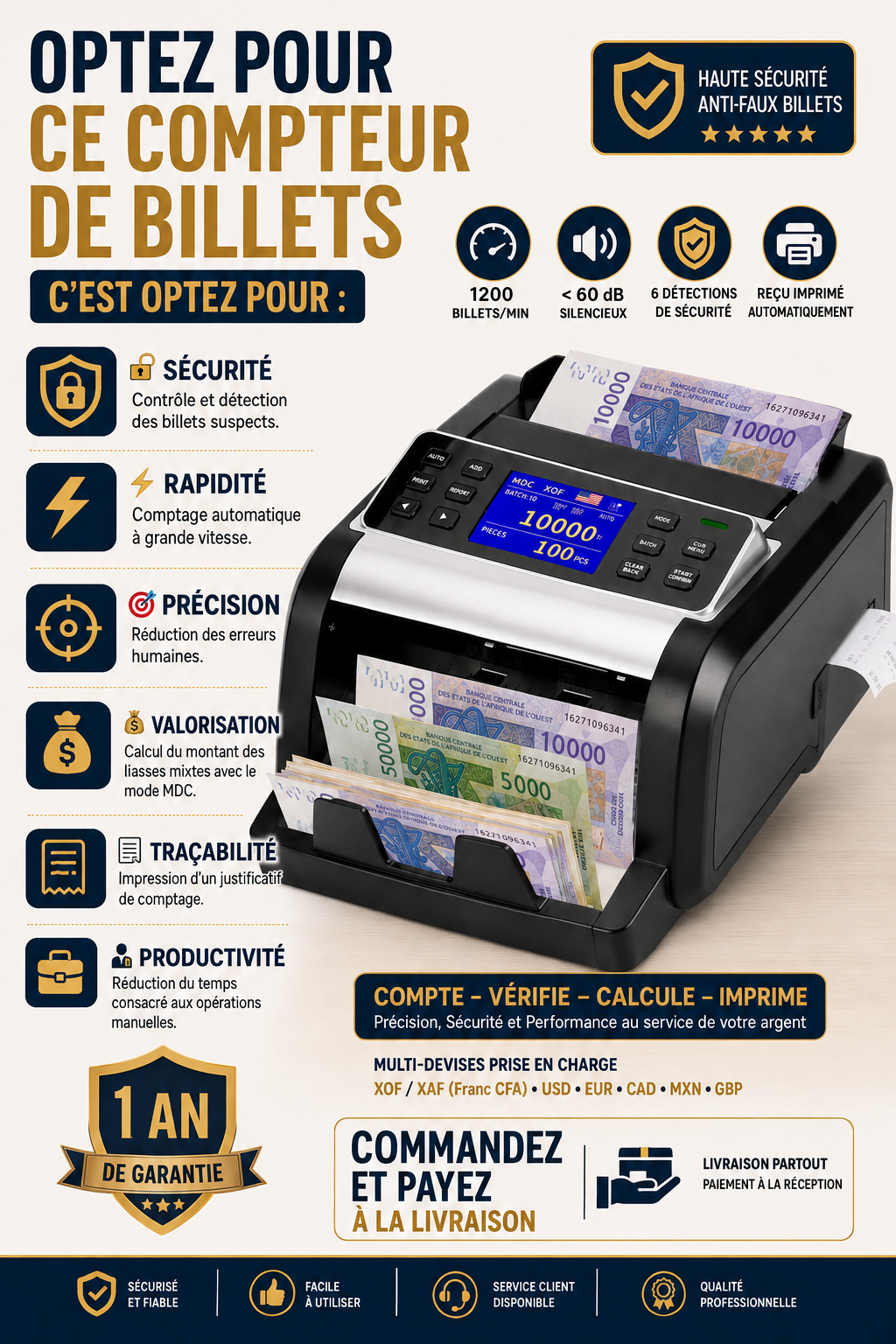 Optez pour la rapidité , la sécurité,  la traçabilité et la performance en entreprise avec notre compteuse de billets professionnelle