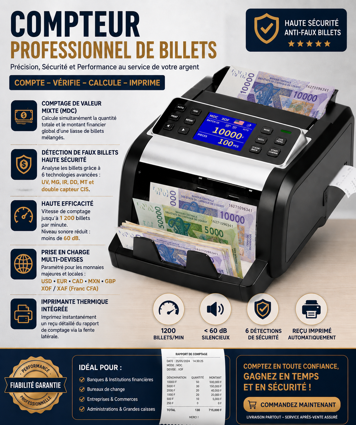 Optez pour la rapidité , la sécurité,  la traçabilité et la performance en entreprise avec notre compteuse de billets professionnelle